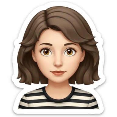 fair-skinned caucasian woman, 40s, chin-length rather wavy/unruly brown-ish hair with some white stripes (wolf haircut), hazel eyes. no glasses sticker