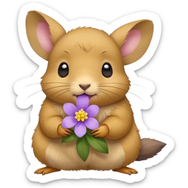small round pika carrying little light purple flower in mouth sticker