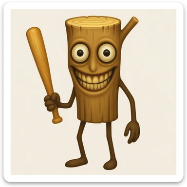 Make the stump character much skinnier and longer, with a face that is even creepier—large, wide, staring eyes and an exaggerated unsettling smile, closely matching the new reference image. Keep arms and legs, holding a baseball bat. Render in emoji style. sticker
