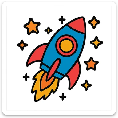 rocket ship with flames and stars around it sticker