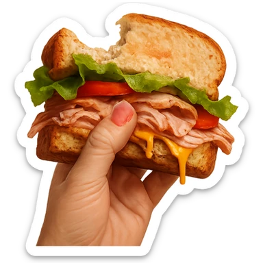 a half-eaten, sloppy sandwich gripped by a hand with pink fingernails sticker