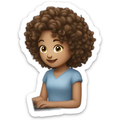 girl with curly brown hair and laptop and white hearts back sticker