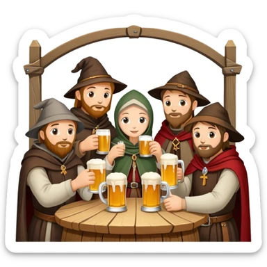 medieval pilgrims with cloaks drinking beer at a tavern sticker