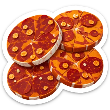 sliced chorizo, thin round slices, deep reddish-orange with white fat marbling and paprika speckles, natural edges, slight curls, dry rich texture, small overlapping cluster, clean 3D look, soft lighting sticker