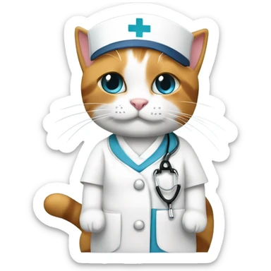 Calico cat wearing nurses uniform with￼ with nurse’s cap sticker