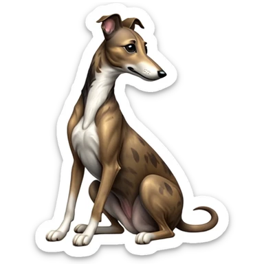 cinematic-[brindle greyhound]-realistic-full-body-sitting-emoji,-tail-resting-loosely-beside-its-paws,-head-tilted-dramatically, -sleek-[brindle]-fur,-simplified-yet-realistic-focused-features,-highly-detailed,-glowing-with-an-almost-sarcastic-glow sticker