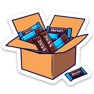 cardboard box full of wrapped Hershey's chocolate bars sticker