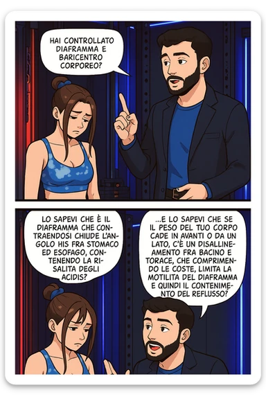 TRASFORMA QUESTO CAROSELLO IN UN FUMETTO STILE WEBTOON/MANGA A COLORI CON QUESTE DUE PERSONE IDENTICHE CHE INTERLOQUISCONO TRA LORO, L'uomo sta spiegando alla donna questo concetto:

LUI (UOMO): Hai controllato diaframma e baricentro corporeo?
LUI (UOMO): Lo sapevi che è il diaframma che contraendosi chiude l’angolo his fra stomaco ed esofago, contenendo la risalita degli acidi grassi?
LUI (UOMO): …e lo sapevi che se il peso del tuo corpo cade in avanti o da un lato, c’è un disallineamento fra bacino e torace, che comprimendo le coste, limita la motilità del diaframma e quindi il contenimento del reflusso? sticker