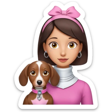 a brunette girl, olive skin, hazel eyes, pink top, neck brace on her neck, piebald dachshund next to her sticker
