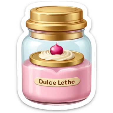 little ronded glass jar of dessert (dulce de letche) with golden lid and baby pink label sticker