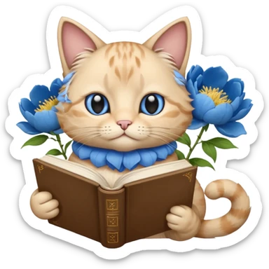 Beige Cat reading book + blue pion sticker