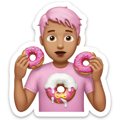 A man eating a pink donut spilling white icing down his face and clothes sticker