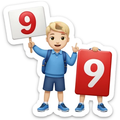A school that has the number 9 on top of it's eyes holding a sign with the number 9 on the sign with a mouth sticking out his tongue with legs and arms with him being happy full of joy sticker