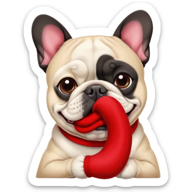 Black and white Bouledogue français eating a red sock  sticker