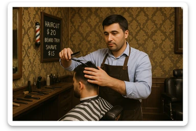 Draw me a picture of a barbershop that looks like this guy working in a barbershop. The barbershop doesn't have to be very modern. It should be on a medium floor. Also draw a blackboard on the wall. It should have the prices for haircuts there. sticker