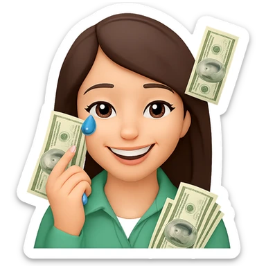 Make the brunette girl smile instead, drying her tears with money bills, expressive face, in emoji style, no background. sticker