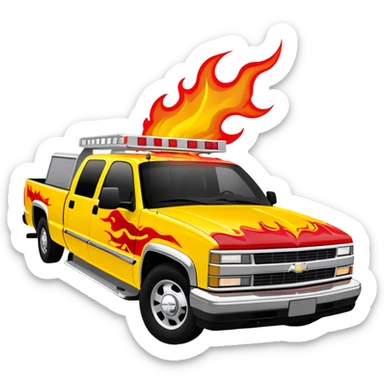 Yellow 1997 Chevrolet C-2500 Crew Cab with vibrant airbrushed red flame artwork flowing dramatically across hood and front, highly detailed fire pattern, Kill Bill movie vehicle, 30-degree view, iOS emoji style sticker