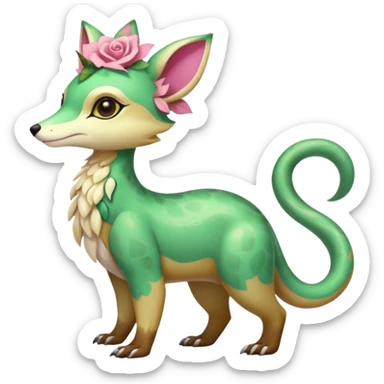 Colorful brown with rose-pink, yellow-beige-cream, jade-green tropical exotic shiny beautiful fantasy-Vernid-Cacomistle-animal-Fakémon-hybrid-fursona (full body) sticker