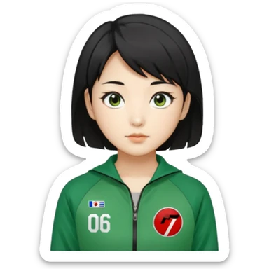 Create Kang Sae-byeok (Player 067), Korean female, short layered black hair, sharp eyes, green tracksuit with number 067 patch on chest. sticker