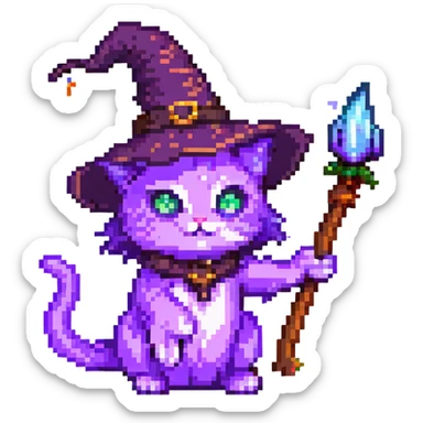 A purple witch cat, pixel art style, casting a spell. sticker