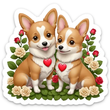 Male tan and white corgi dog with a female white Chihuahua with brown heart spots in a rose garden  sticker
