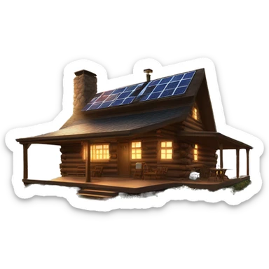 Skywalker Cabin is a clean Very big Wood Cabin near tree on the mountain in the background. with fancy solar arrays on top. The cabin sits on thick grass fields. porch lights on ,guests on porch smoking cigarettes, flowers and bushes nearby sticker