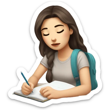 Tired girl brunette student writing an outline in a notebook and wants to sleep Tired girl brunette student writing an outline in a notebook and wants to sleep  sticker