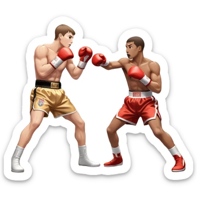 Two professional boxers in the ring, fighting for the world champion title. One delivers a long punch to the head, while the other skillfully dodges. The background features a crowded arena with bright lights and intense action. Transparent background sticker