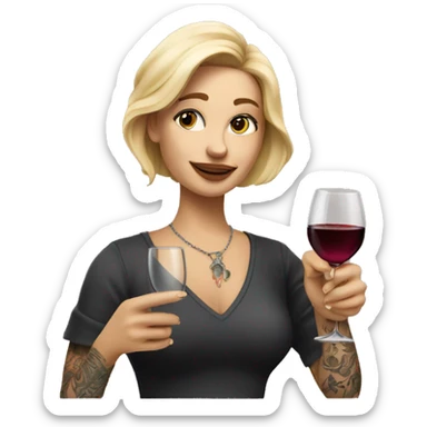 Create a hyper-realistic emoji of a blonde woman with tattoos, holding a glass of wine in one hand and pointing forward with the other, with an elegant and minimal design. sticker