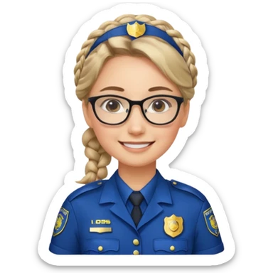 police officer woman with glasses, wearing uniform, braided hair sticker