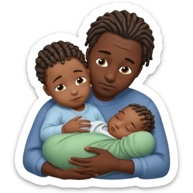 African very dark black skinDad with short dread locs, with his newborn in arm, babys face is not seen, baby has brown skin sticker