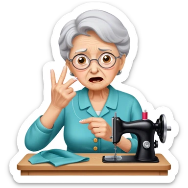 Grandmother pricks finger sewing, shocked expression, pain, surprise, distress. sticker