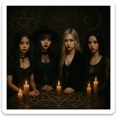 Blackpink in occult goth style, mystical symbols, candles, mysterious vibe sticker