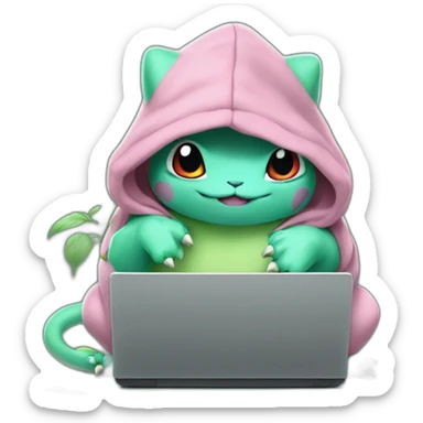 a bulbasaur in a hoodie at a laptop sticker