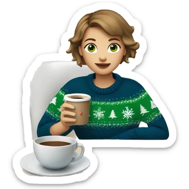 Light brown short haired girl with green eyes drinking coffee wearing blue Christmas sweater sticker