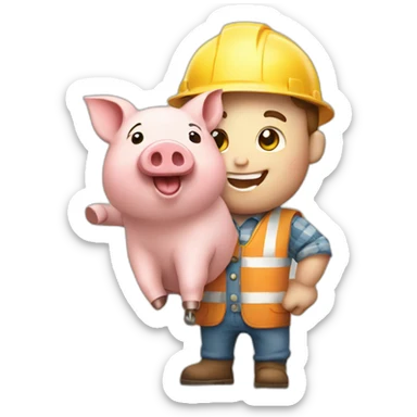 happy little piggy dressed like a builder holding a brick in his hand sticker