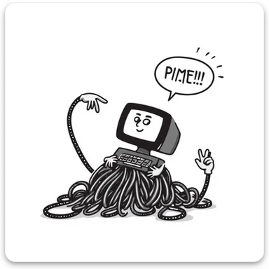 hand-drawn doodle of a computer tripping over its own cables, looking embarrassed, symbolizing an AI epic fail sticker