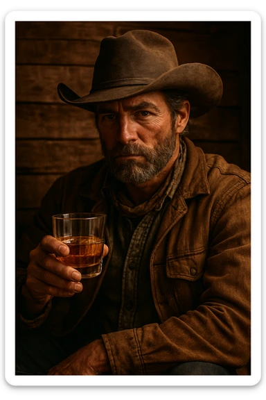 A man wearing a cowboy hat holding a glass of whiskey sticker