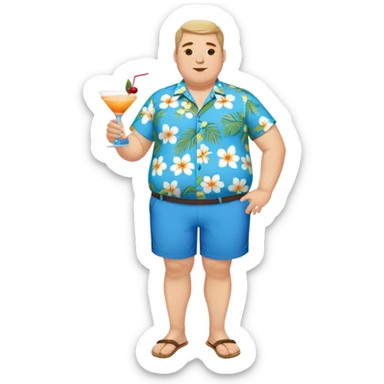 chubby guy full figure in a flowered azure havai shirt, brown shorts and flippers holding a cocktail sticker