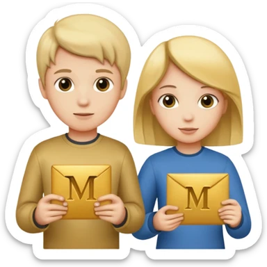 Create two letters, N and Y, in the shape of sisters. Create an image of a boy holding the letter N and a girl holding the letter M  sticker