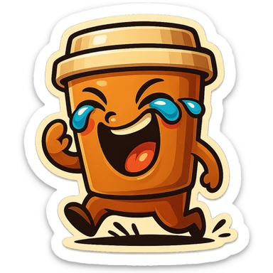Tall coffee cup, laughing hard, tears in eyes, pounding ground, dramatic laugh sticker