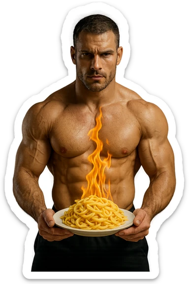 uomo fitness che tiene in mano un piatto di pasta con una fiamma sopra come se stesse simbolicamente bruciando le kcal della pasta, iperrealistico 4k sticker