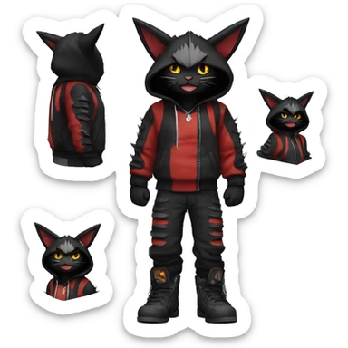 Cool Anthro Black Bat-Nargacuga-Litten-cat-Pokémon with edgy stripes hoodie spiked collar punk techwear Full Body sticker