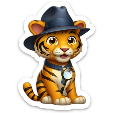 A tiger with a sleek detective's hat, holding a magnifying glass in its paw sticker