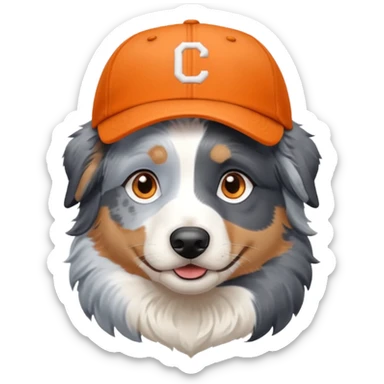 Blue Merle Australian Shepherd with icy blue eyes wearing an orange baseball cap. sticker