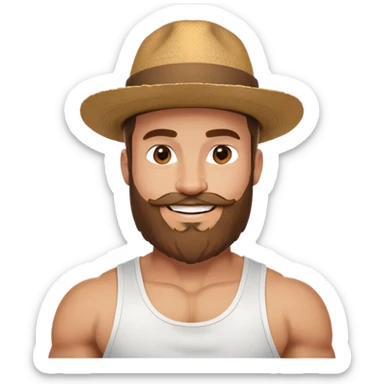 Muscular man with mid-long hair wearing a hat, big beard, smiling, white tank top sticker