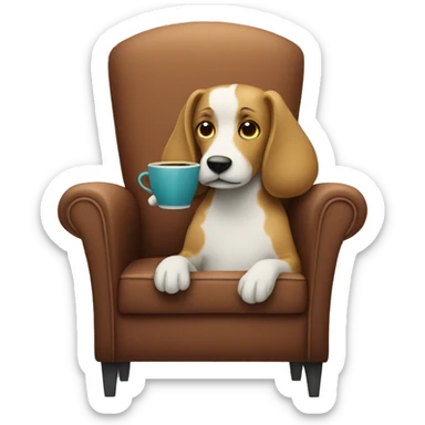 a dog with a long snout sitting on a chair holding a cup of coffee sticker