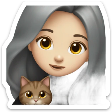 Girl with long brown hair, black sweater, hug grey cat sticker