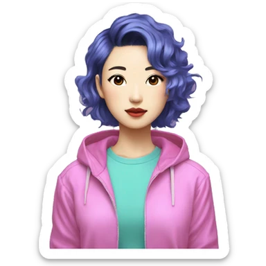 a short-haired Taiwanese lesbian as a designer with vaporwave style, without makeup, with earings. sticker