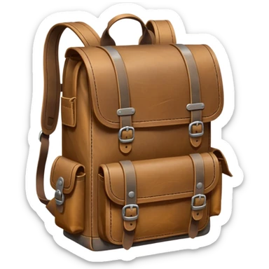 A sturdy, weathered leather backpack with metal-reinforced flaps and deep, practical pockets. Scratched and rugged from long travel, it has a solid, utilitarian look—built for harsh roads and hard use. sticker